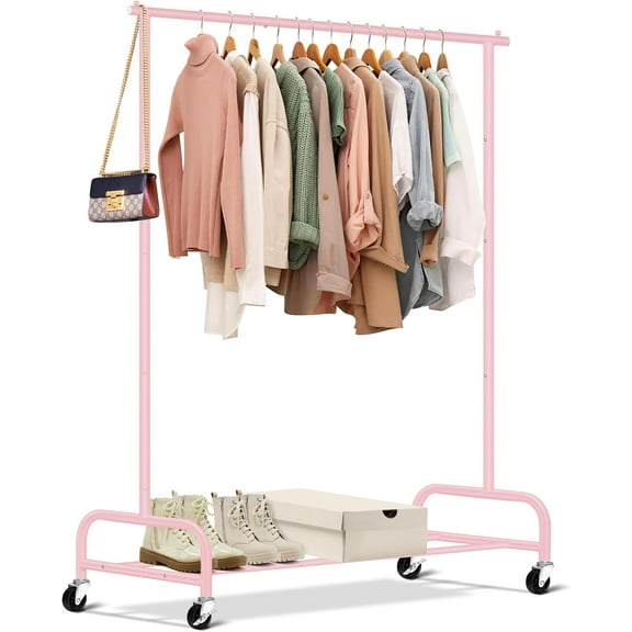 Heavy Duty Clothing Racks for Hanging Clothes Rack, 43" Wide Rolling Garment Rack Metal Clothing Hanger Rack with Wheels Wardrobe Rack for Coats, Shirts, Dress (Pink)
