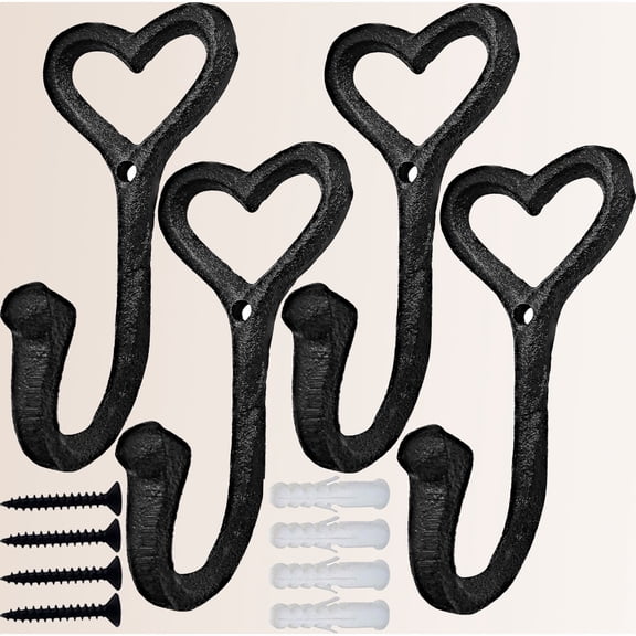 Heavy Duty Coat Hooks, Cast Iron Love Heart Shape Wall Hooks for Hanging Coats, Black No Rust Hooks for Scarf, Bag, Towel, Key, Cap, Cup, Hat