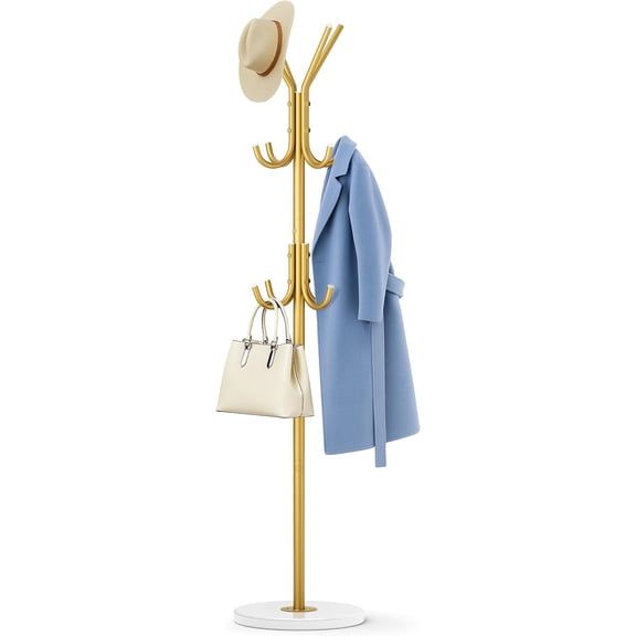 Heavy Duty Coat Rack Freestanding with Stable Wood Base Metal Coat Tree with 12 Hooks Coats Hanger Stand Adjustable Clothes Tree for Jackets, Hats, Bags Standing Purse Rack for Bedroom, Office