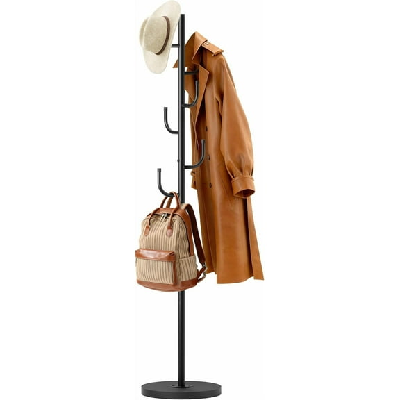 Heavy Duty Coat Rack Freestanding with Stable Wood Base Metal Coat Tree Adjustable Coats Hanger Stand with 6 Hooks Clothes Tree for Jackets, Hats, Bags Standing Purse Rack for Bedroom, Office