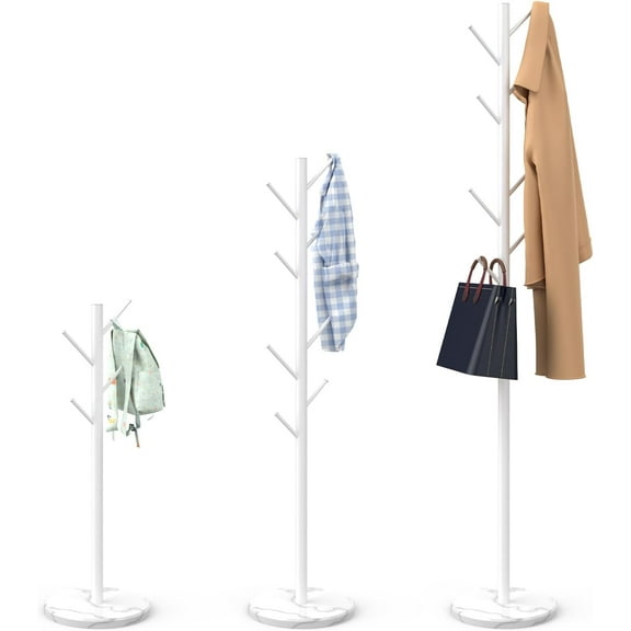 White Heavy Duty Coat Rack with Marble Base, Freestanding Metal Coat Stand with 8 Hooks, Modern Stable Hanger Tree for Jackets Bags Clothes Hats