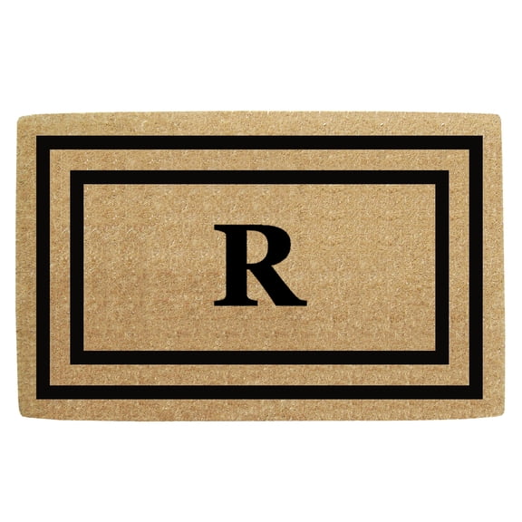 Heavy Duty Coir Door Mat Thin Double Picture Frame, Monogram R - Black 30" x 48"