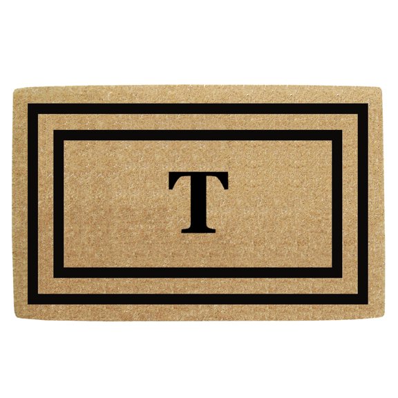 Heavy Duty Coir Door Mat Thin Double Picture Frame, Monogram T - Black 22" x 36"