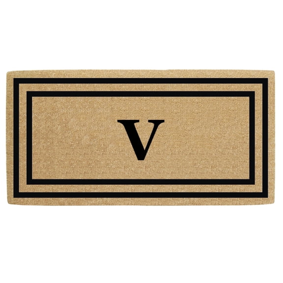 Heavy Duty Coir Door Mat Thin Double Picture Frame, Monogram V - Black 36" x 72"