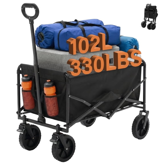 Heavy Duty Collapsible Folding Wagon, 102L All Terrain Utility Cart with Removable Wheels & Brakes, Adjustable Handle Mesh Pockets Beach Wagon for Camping Grocery Shopping Garden, Black