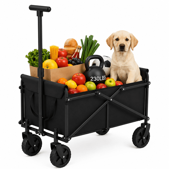 Heavy Duty Collapsible Folding Wagon, 200LBS Capacity Utility Cart, All-Terrain Wheels, Adjustable Handle, for Camping Shopping Beach Sports Outdoor, Black