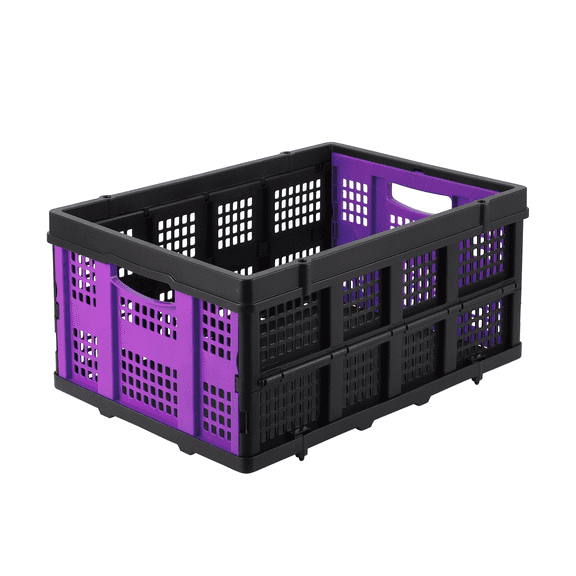 Heavy Duty Collapsible Milk Crate 55L - Stackable Storage Bin with Handles, Purple