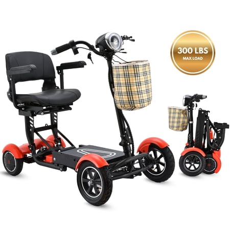 Dragon Mobile EX 4 Wheel Durable Collapsible Power Mobility Scooter - 12 Mile Range All Terrain Large Seat with Basket - Matte Red