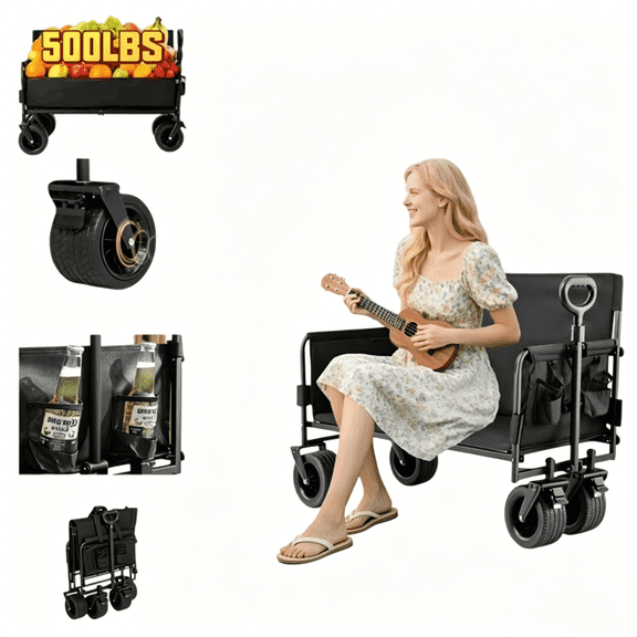 Utility Heavy Duty Collapsible Wagon Cart Portable Folding Wagons Sofa Bench Lounge Carts with Big All-Terrain Wheels,Adjustable Handle,Cup Holders for Garden,Groceries,Shopping,Sports,Beach,Camping,