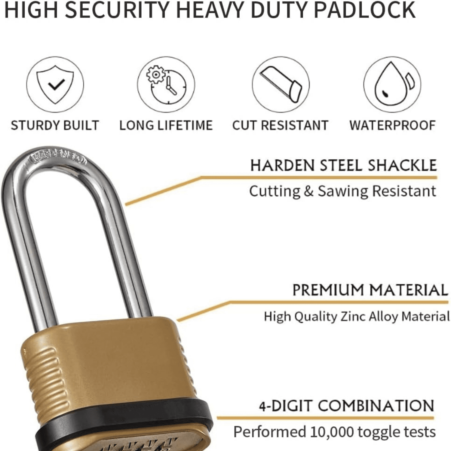 Heavy Duty Combination Lock, 4-Digit Combo Lock with Long Shackle ...