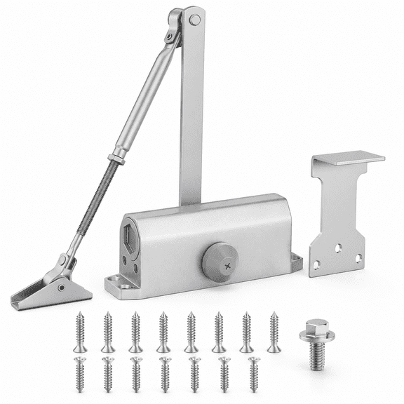 Heavy Duty Commercial Door Closer, Hydraulic No Slam, Adjustable Speed, Hold Open, Silver Aluminum Steel, Indoor/Outdoor, DIY Installation