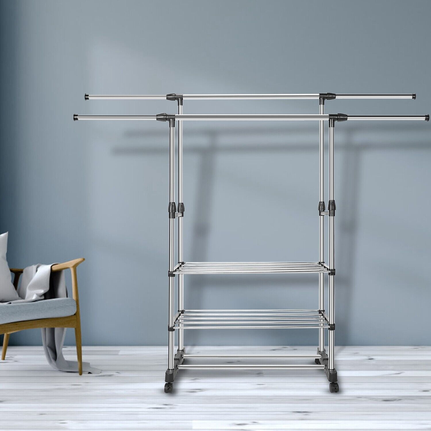 Heavy Duty Commercial Garment Rack Double Bar Rolling Collapsible