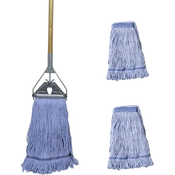 Heavy Duty Commercial Industrial Mop 58-Inch Looped-End String Wet Cotton Mop with Replacement Heads, Durable Floor Cleaning Tool for Janitorial and Home Use