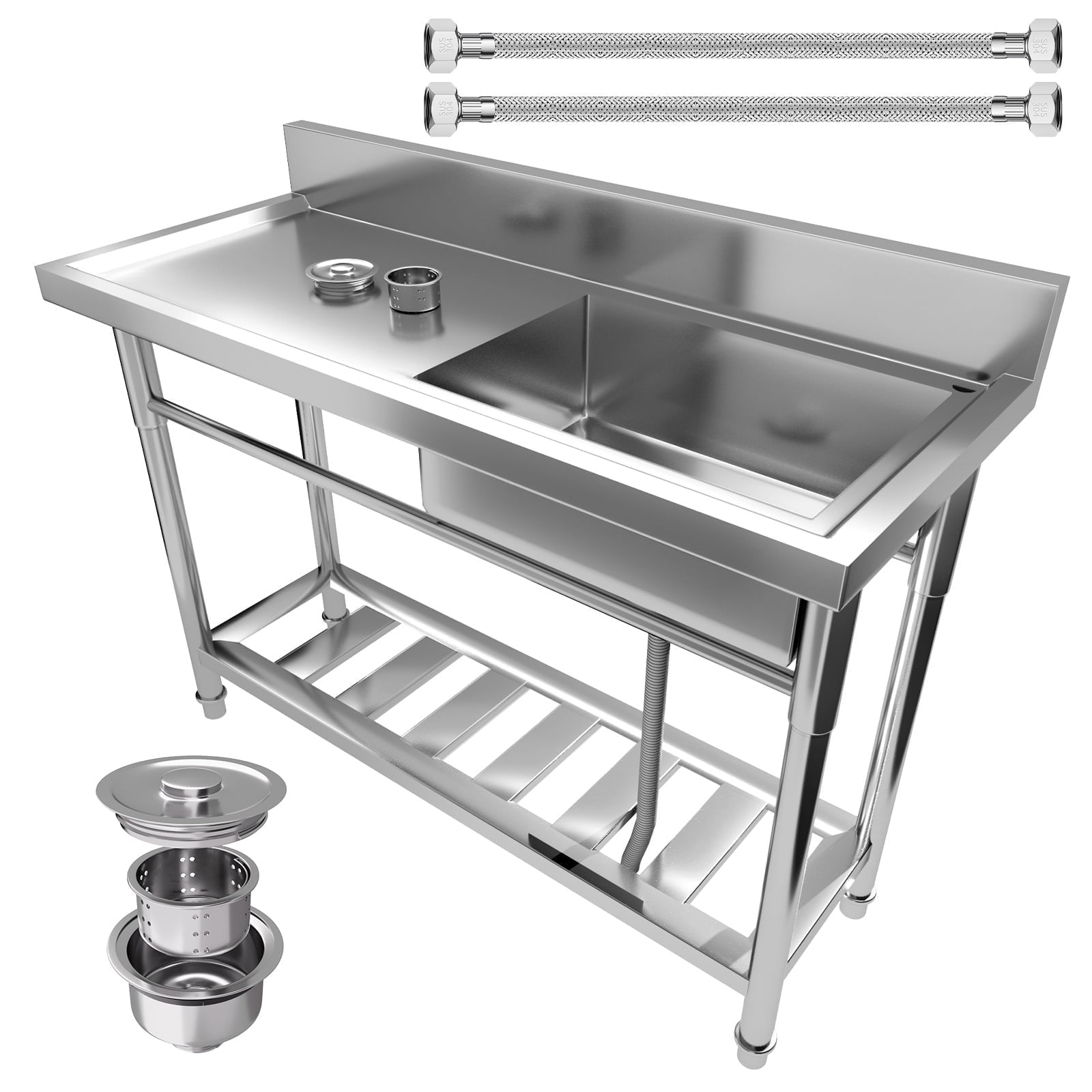 Heavy Duty Commercial Sink, Outdoor Freestanding Kitchen Sink with Cold and Hot Faucet(360°), Utility Sink with Storage Shelf for Farmhouse Outdoor