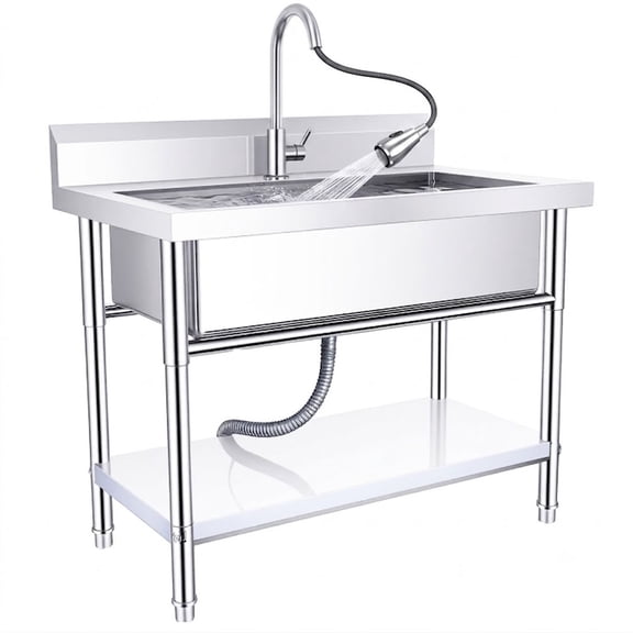 Heavy Duty Commercial Stainless Steel Sink, 40.16" Freestanding Utility Sink with 3-Mode Pull-Out Faucet, Adjustable Legs & Shelf, for Kitchen Restaurant Garage