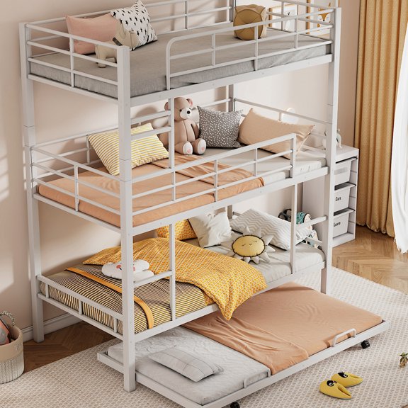 Heavy Duty Construction, Two Ladders for Access - Triple Bunk Bed with Trundle for Convenience