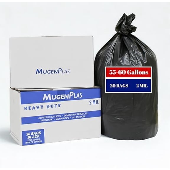 Heavy Duty Contractor 55 Gallon Trash Bags | 20 Bags w/Tie String | Construction Garbage Bags | 2 mil | Extra Large/Big | Black | Star-Sealed