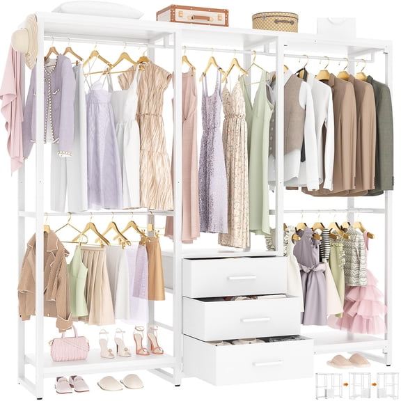 Heavy Duty Corner L Shaped Garment Rack With Three Fabric Drawers, Modular Freestanding Clothes Closet Storage System, Multi Functional Open Wardrobe Organizer With Wooden Shelves And Hanging Rods, W