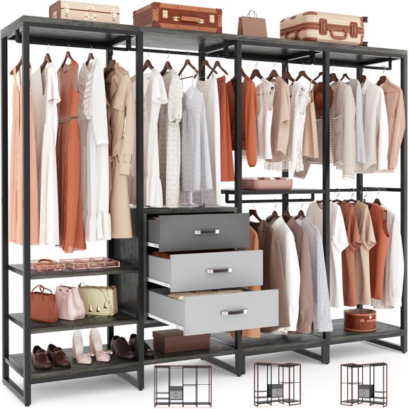 Heavy Duty Corner L Shaped Wood Clothes Rack Wardrobe Organizer, Large Freestanding Garment Storage System With Three Wood Drawers and Hanging Rods, Multifunctional Closet Display Shelf For Bedroom
