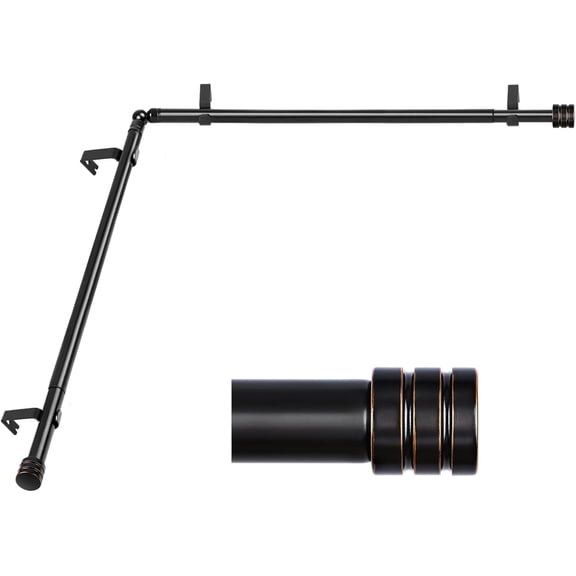Heavy Duty Corner Window Curtain Rods 36 to 72 Inch,  1 Inch Telescoping Single Drapery Rod, Black, End Cap Finials