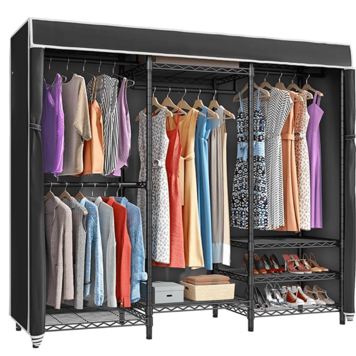 Heavy Duty Covered Clothes Rack Portable Bedroom Armoires Rack, Black ...