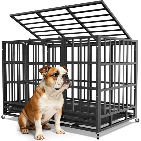 Heavy Duty Crate 38 Inch, Indestructible Metal Kennel for Small to Medium Dogs, Escape Proof Cage with Double Doors & Lockable Wheels, Proof for High Breeds