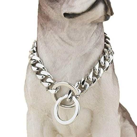 Heavy Duty Cuban Chain Dog Collar for Large Dogs - 20mm XL Extra Wide,Silver