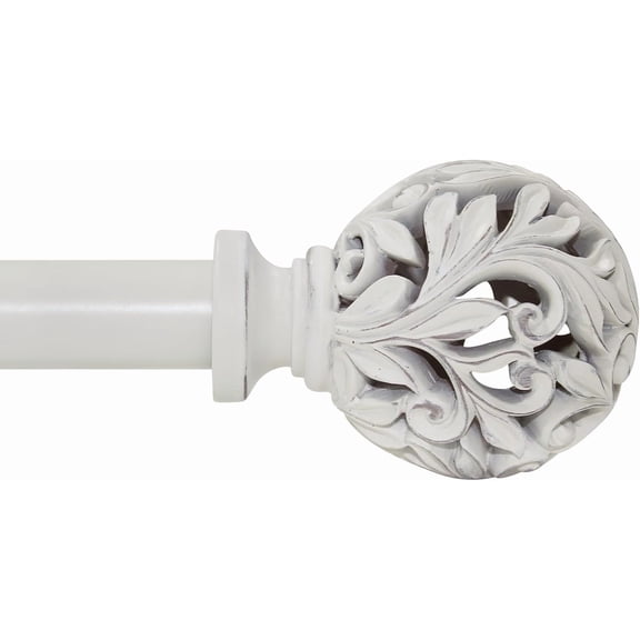 Heavy Duty Curtain Rod 36 to 120 Inches (3-10 ft)，1-Inch Diameter Adjustable Drapery Rod with Decorative Carved Leaf Finials, Weathered White Curtain Rods for Living Room & Bedroom