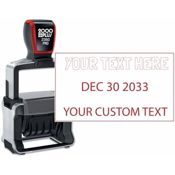 Heavy Duty Date Stamp with 2-Line Custom Text, 2000 Plus 2360 Self Inking Stamp - Choice of Ink Color (Red)$$Office