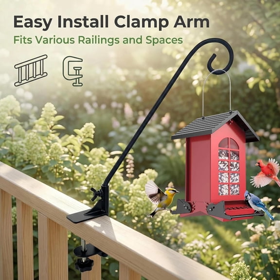 Heavy Duty Deck Hook 360 Rotating Design Pole 15Long Metal Railing Hooks for Hanging Bird Feeders Planters Suet Baskets Lanterns Wind Chimes Clamp Mounted Only Hook