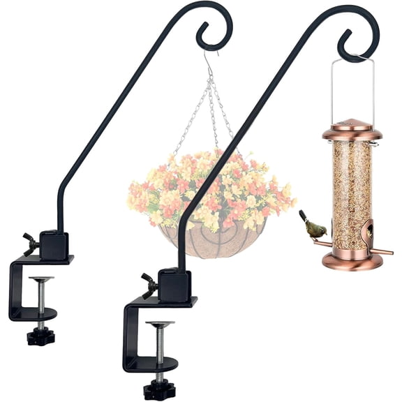 Heavy Duty Deck Hook,Courtyard Decoration,Pole 16.5Long Metal Railing Hooks for Hanging Bird Feeders,Planters,Suet Baskets,Lanterns,Wind Chimes,Clamp Mounted,Under 18 LBS(2 Pack)