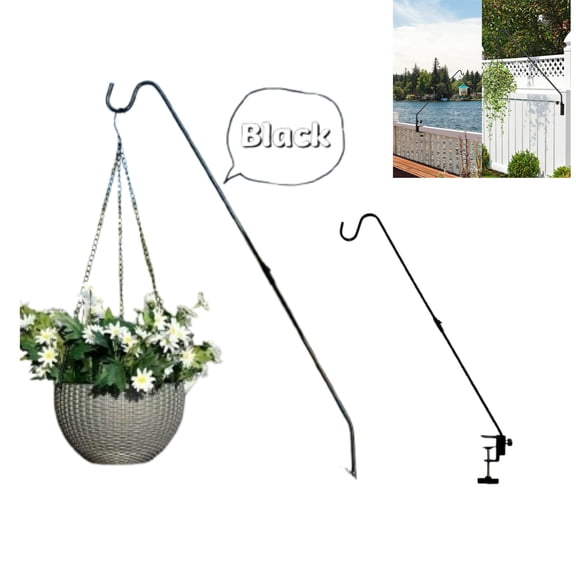 Heavy Duty Deck Hook with Extendable Long Reach Arm, Punch Free Clamp On Fence Railing Plant Hanger, Outdoor Bracket for Hanging Flower Basket Bird Feeder Wind Chime Garden Yard Decoration