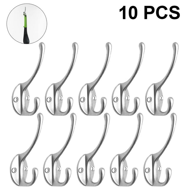 Heavy Duty Decorative Dual Coat Hook/Hat Hook Wall Mounted,Double Coat Hanger, 10 Pack,Silver