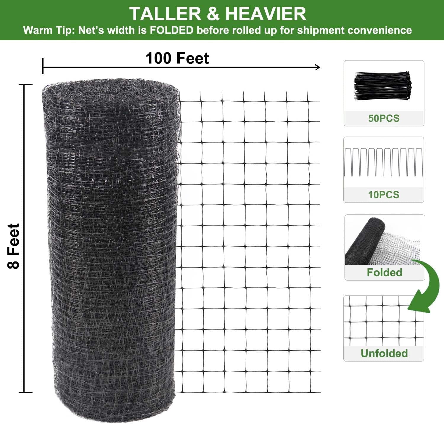 Heavy Duty Deer Netting Fence 8ft x 100ft for Garden  Against Birds and Animals