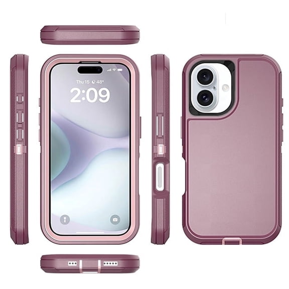 Heavy Duty Defender Rugged Belt Clip Holster Case for iPhone 16 Plus with Clip - Burgundy/Light Pink