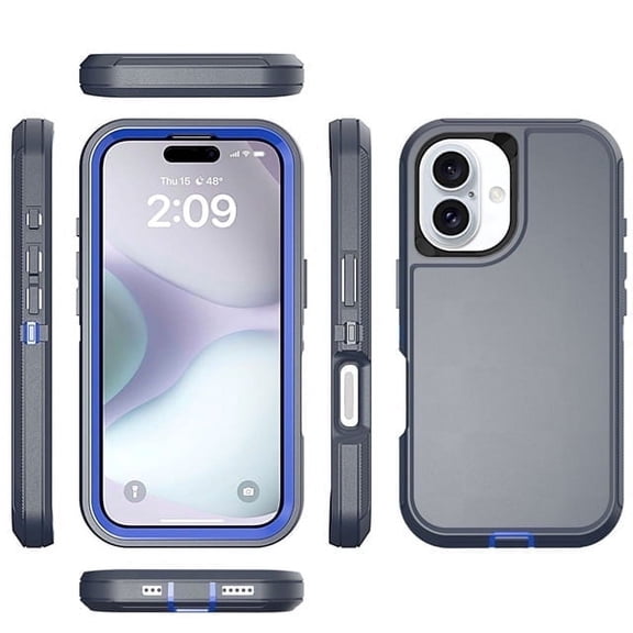 Heavy Duty Defender Rugged Belt Clip Holster Case for iPhone 16 Plus with Clip - Dark Blue/Blue