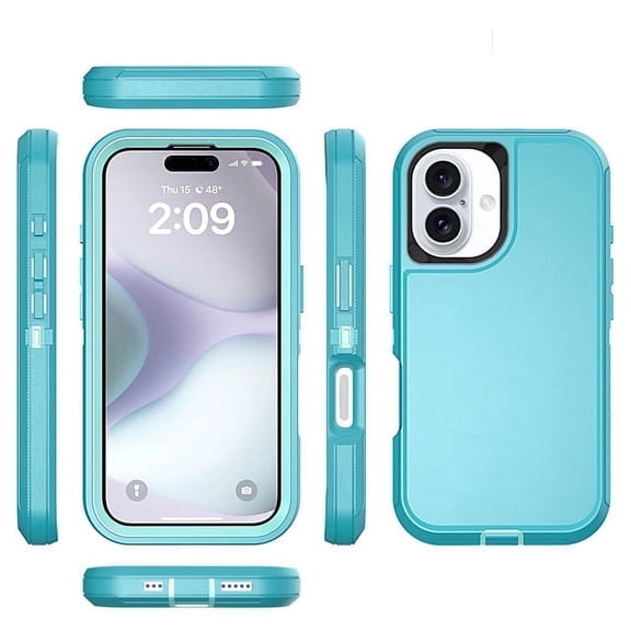 Heavy Duty Defender Rugged Belt Clip Holster Case for iPhone 16 Plus with Clip - Teal/Light Blue