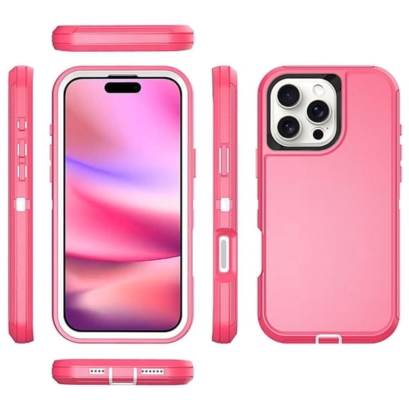 Heavy Duty Defender Rugged Belt Clip Holster Case for iPhone 16 Pro with Clip - Pink/White