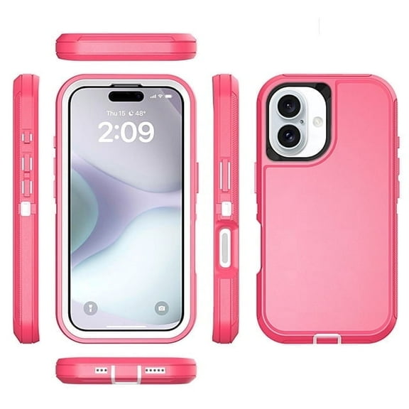 Heavy Duty Defender Rugged Belt Clip Holster Case for iPhone 16 with Clip - Pink/White