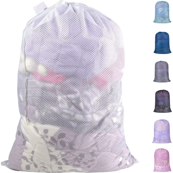 Heavy Duty Diamond Mesh Laundry Bags with Drawstring Closure and ID Tag, Large Laundry Hamper Liner, Washable Laundry Essentials for College, Travel, Sports, Dorms (24"x 36"| 1 Pack) - White