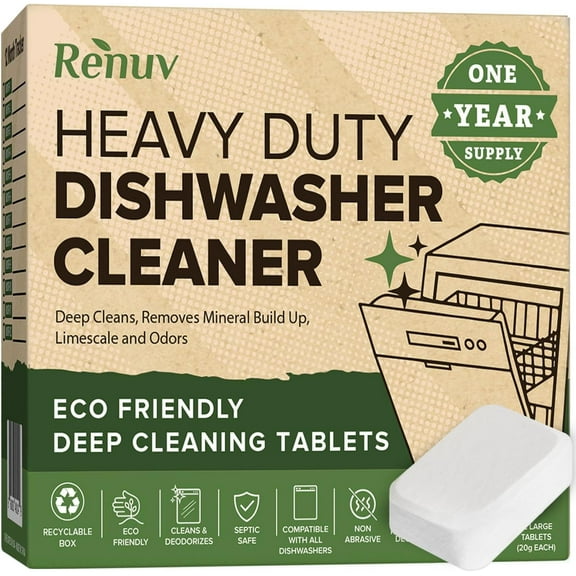 Heavy Duty Dishwasher Cleaner & Deodorizer Tablets, Descaler, Deep Cleaning, Natural Odor Smell Remover, Calcium, Limescale, Hard Water Marks, Grease, Septic Safe Pods (12 Tabs 1 Yr Supply)