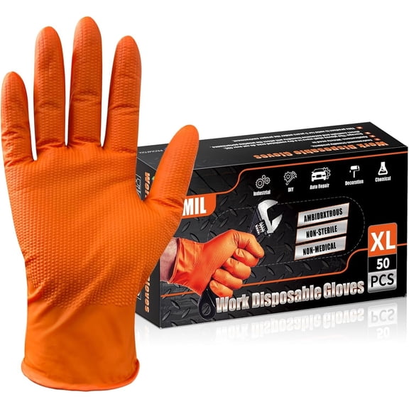Heavy Duty  Disosable Gloves,8-mil Orange,Raised  Texture Work Gloves,Industrial Work gloves