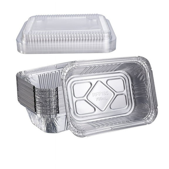 Heavy Duty Disposable Aluminum Rectangular Foil Pans With Lid, Recyclable Tin Food Storage Tray, Ultra Sturdy Containers For Cooking, Baking, Meal Prep, Takeout, 7.3" X 5.2" X 2"