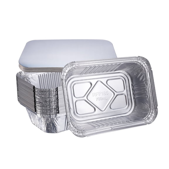 Heavy Duty Disposable Aluminum Rectangular Foil Pans With Lid, Recyclable Tin Food Storage Tray, Ultra Sturdy Containers For Cooking, Baking, Meal Prep, Takeout, 7.3" X 5.2" X 2"