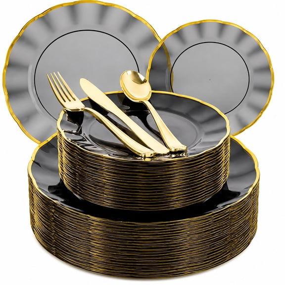 Heavy Duty Disposable Clear Black Plastic Dinnerware Set with Gold Rimmed Plates Gold Silverware for Graduation, Business Hotel Banquets