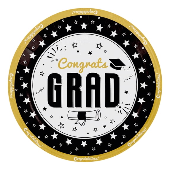 Heavy Duty Disposable Dinner Plates, Black Gold Party Table Decor, 25 Pc Graduation Paper Plates Set