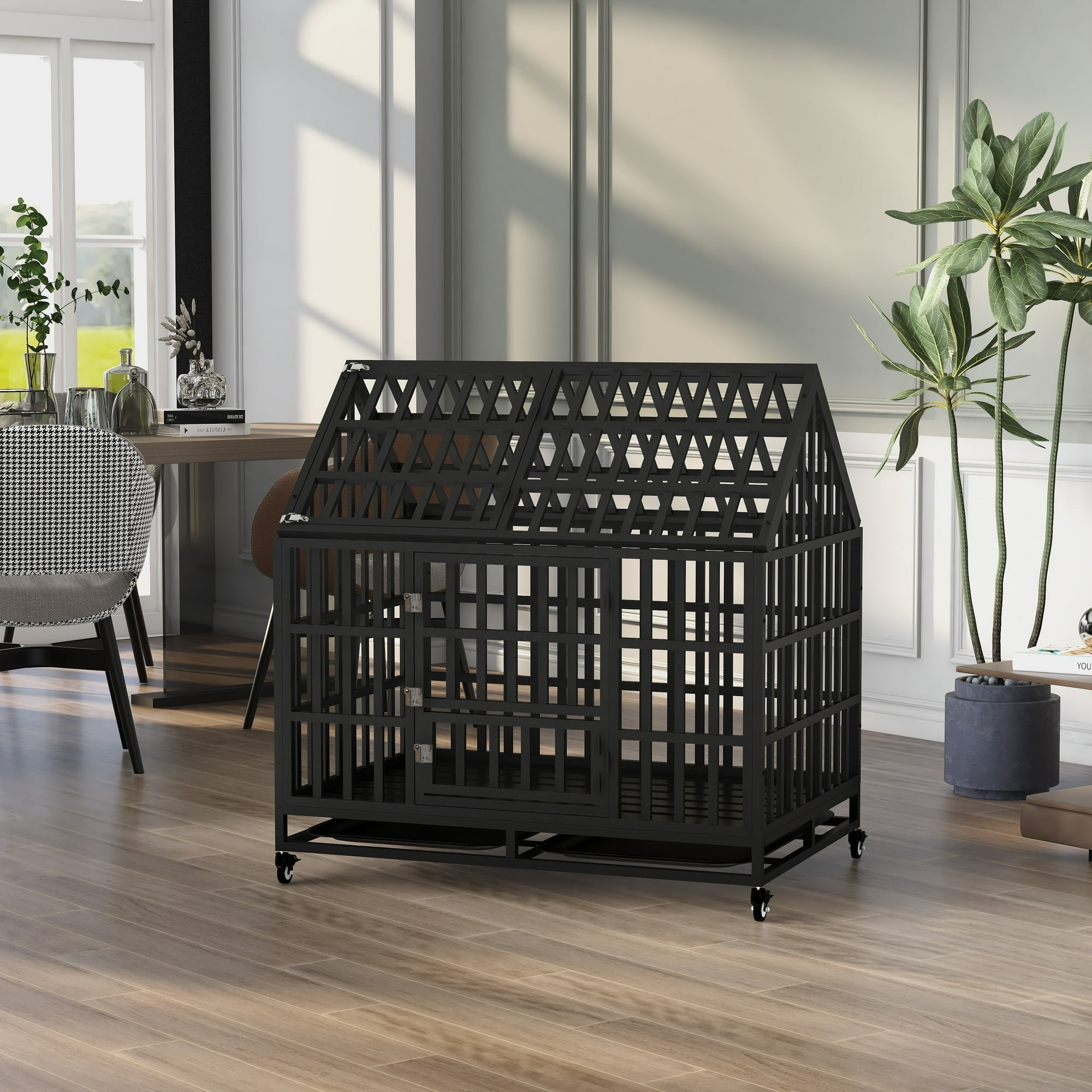 Heavy Duty Black Steel Rolling Dog Crate with Roof