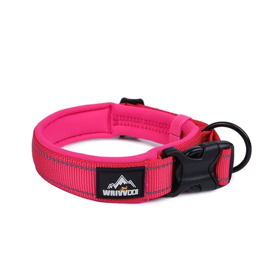 Heavy Duty Dog Collar, Adjustable Chew Proof Nylon Collar with Metal Quick Release Buckle and D-Ring for Medium Large Dogs, Reflective Outdoor Pet Collar for Walking Hiking Training, Rose Red M