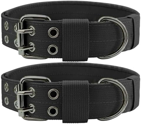 Heavy Duty Dog Collar for Large Dogs, 2 PCS Tactical Dog Collars with Metal Buckle & D Ring, 1.5" Width Thick Adjustable Nylon Collar for Medium Dogs, Black/M