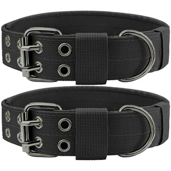 Heavy Duty Dog Collar for Large Dogs, 2 PCS Tactical Dog Collars with Metal Buckle & D Ring, 1.5" Width Thick Adjustable Nylon Collar for Medium Dogs, Black/XL